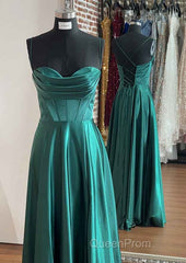 A-Line Silk Like Emerald Green Satin Evening Prom Dresses Ruched Pleated