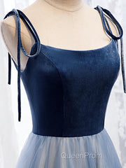 A Line Sleeveless Floor Length Blue Evening Prom Dresses, Blue Long Formal Bridesmaid Evening Dresses