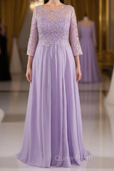Lilac A-Line 3/4 Sleeves Scoop Lace Evening Prom Dresses