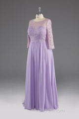 Lilac A-Line 3/4 Sleeves Scoop Lace Evening Prom Dresses
