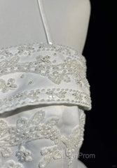 A-Line Spaghetti Strap Beaded Satin Long Evening Prom Dresses White Wedding Dresses Graduation Evening Prom Dresses