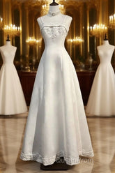 A-Line Spaghetti Strap Beaded Satin Long Evening Prom Dresses White Wedding Dresses Graduation Evening Prom Dresses