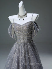 A-Line Spaghetti Strap Mesh Sequin Long Evening Prom Dresses Graduation Evening Prom Adult Ceremony Dresses