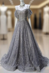 A-Line Spaghetti Strap Mesh Sequin Long Evening Prom Dresses Graduation Evening Prom Adult Ceremony Dresses