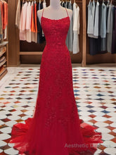 A-line Spaghetti Straps Appliques Lace Sweep Train Tulle Dress