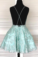 A-Line Spaghetti Straps Backless Mint Green Lace Short Evening Prom Dresses, Backless Mint Green Lace Formal Graduation Homecoming Dresses