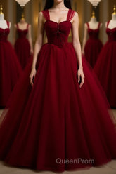 A Line Spaghetti Straps Beaded Burgundy Tulle Long Evening Prom Dresses, Long Burgundy Formal Evening Dresses