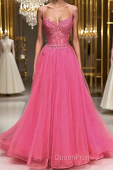 A Line Spaghetti Straps Beaded Pink Lace Long Evening Prom Dresses, Pink Lace Formal Dresses, Pink Tulle Evening Dresses
