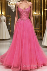 A Line Spaghetti Straps Beaded Pink Lace Long Evening Prom Dresses, Pink Lace Formal Dresses, Pink Tulle Evening Dresses