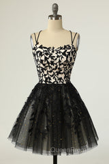 A Line Spaghetti Straps Black Homecoming Dresses Short Evening Prom Dresses with Appliques