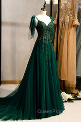 A-Line Spaghetti Straps Dark Green Evening Prom Dresses with Beading