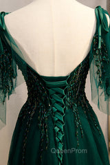 A-Line Spaghetti Straps Dark Green Evening Prom Dresses with Beading