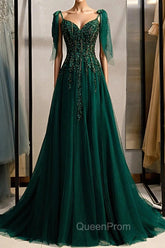 A-Line Spaghetti Straps Dark Green Evening Prom Dresses with Beading