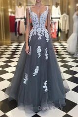 A Line Spaghetti Straps Lace Grey Tulle Long Evening Prom Dresses, Grey Formal Bridesmaid Dresses, Evening Dresses