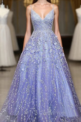 Lavender Spaghetti Straps Lace Floral A-line Formal Gowns Long Evening Prom Dresses