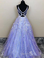Lavender Spaghetti Straps Lace Floral A-line Formal Gowns Long Evening Prom Dresses