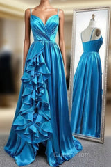 A Line Spaghetti Straps Satin Evening Prom Dresses With Slit And Flounced