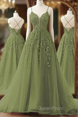 A-Line Spaghetti Straps Sweep Train Evening Prom Dresses, Sage Green Tulle Formal Dresses