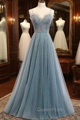 A-Line Spaghetti Straps Tulle Beaded Long Evening Prom Dresses, Cute Evening Party Dresses