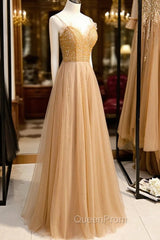A-Line Spaghetti Straps Tulle Beaded Long Evening Prom Dresses, Evening Party Dresses