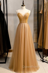 A-Line Spaghetti Straps Tulle Beaded Long Evening Prom Dresses, Evening Party Dresses