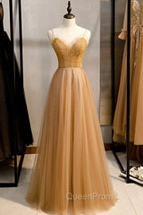 A-Line Spaghetti Straps Tulle Beaded Long Evening Prom Dresses, Evening Party Dresses