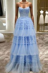 A-Line Spaghetti Straps Tulle Long Evening Prom Dresses