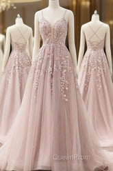 A-line Spaghetti Straps Tulle Evening Prom Dresses with Appliques