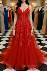 A Line Spaghetti Straps V Neck Red Lace Long Evening Prom Dresses, Red Lace Formal Dresses, Red Evening Dresses