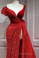 A-Line Sparkle & Shine High Split Evening Prom Formal Evening Dresses V Neck Short Sleeve Court Train Satin With Sequin Slit