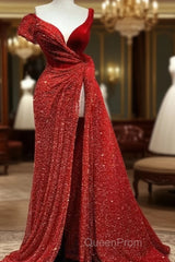 A-Line Sparkle & Shine High Split Evening Prom Formal Evening Dresses V Neck Short Sleeve Court Train Satin With Sequin Slit