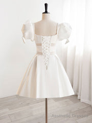 A-Line Square Neckline Ivory Short Prom Dress, Cute lvory Homecoming Dress