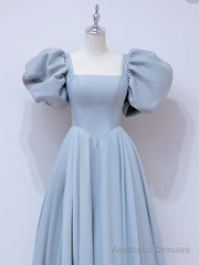A-Line Square Neckline Puff sleeves Long Blue Prom Dress, Blue Long Formal Dress