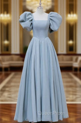 A-Line Square Neckline Puff sleeves Long Blue Evening Prom Dresses, Blue Long Evening Dresses