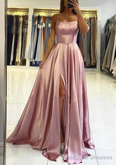 A-line Square Neckline Sleeveless Satin Sweep Train Prom Dresses With Pleated