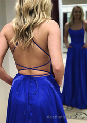 A-line Square Neckline Spaghetti Straps Long/Floor-Length Charmeuse Prom Dresses With Split