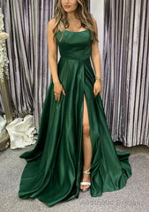 A-line Square Neckline Spaghetti Straps Sweep Train Charmeuse Prom Dresses