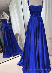 A-line Square Neckline Spaghetti Straps Sweep Train Charmeuse Prom Dresses With Pleated