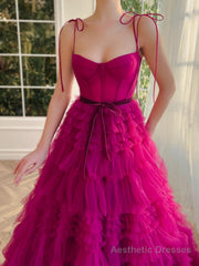 A Line Strapless Fuchsia Tiered Long Tulle Prom Dress