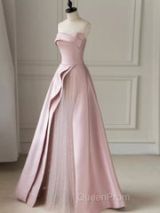 A Line Strapless Pink Party Dresses Long Satin Evening Prom Dresses