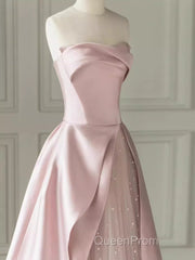 A Line Strapless Pink Party Dresses Long Satin Evening Prom Dresses