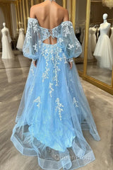 A-line Strapless Puff Long Sleeves Beaded Appliques Long Formal Evening Prom Dresses