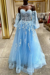 A-line Strapless Puff Long Sleeves Beaded Appliques Long Formal Evening Prom Dresses