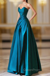 A-Line Strapless Satin Peacock Blue Long Evening Prom Dresses, Simple Peacock Blue Evening Dresses