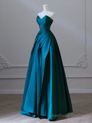 A-Line Strapless Satin Peacock Blue Long Prom Dress, Simple Peacock Blue Evening Dress