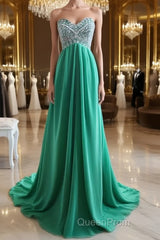 A-Line Strapless Sweetheart Neck Green Chiffon Long Evening Prom Dresses, Green Evening Dresses