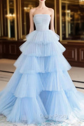 A line Strapless Tiered Tulle Evening Prom Dresses