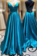 A Line Stretch Satin Emerald Green Evening Prom Dresses Spaghetti Straps V Neck Dresses
