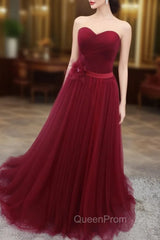 A-Line Sweetheart Neck Burgundy Long Evening Prom Dresses, Burgundy Bridesmaid Dresses