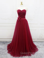 A-Line Sweetheart Neck Burgundy Long Evening Prom Dresses, Burgundy Bridesmaid Dresses